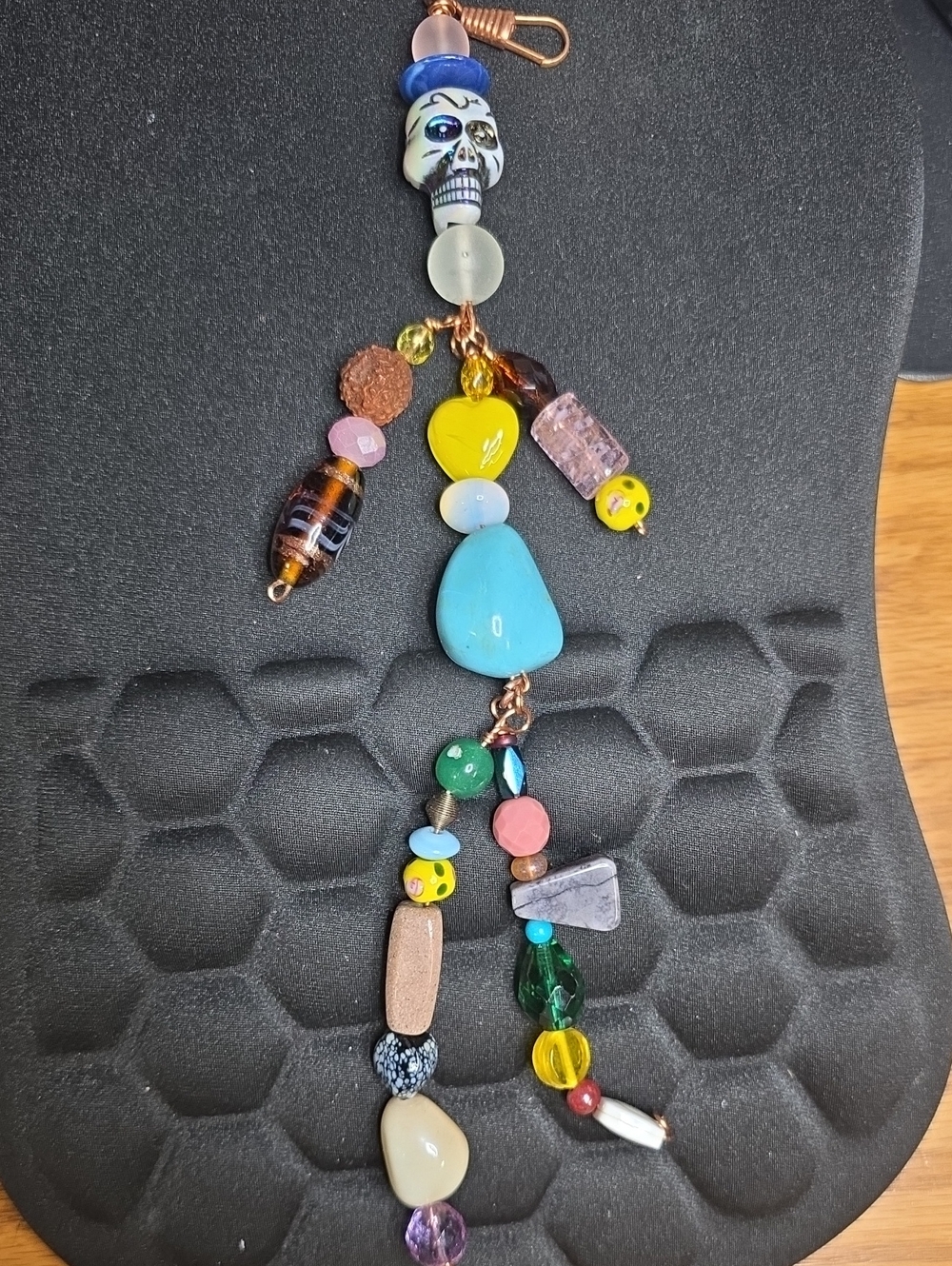 Handmade Multicolor Beaded Skull Keychain — Turquoise & Yellow Accents